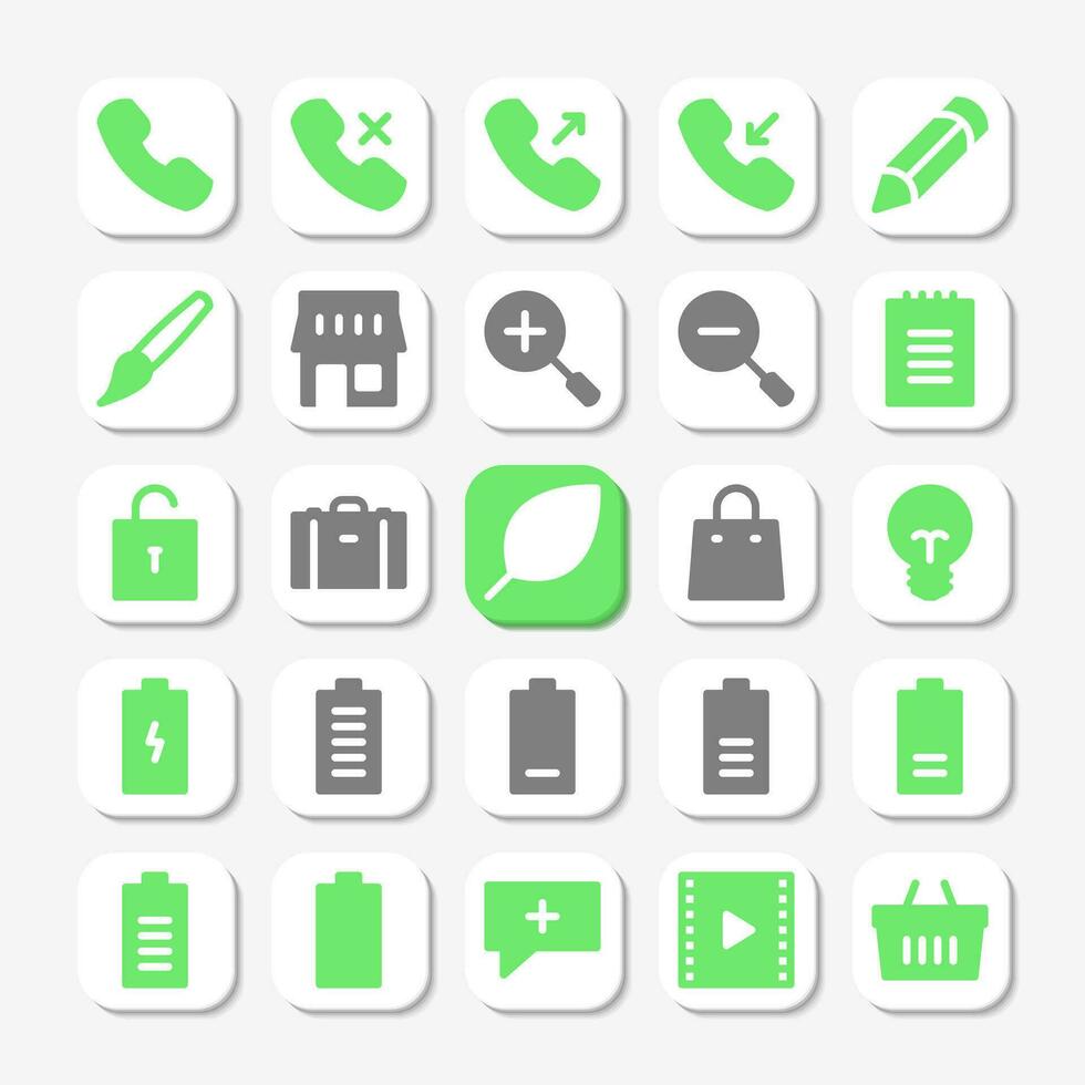 Essentials icons in glyph style for user interface, mobile and website design. Including call, contact, store, notes, battery, and others. vector