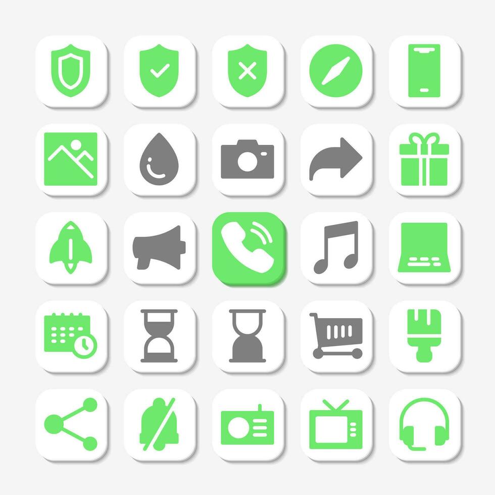 Essentials icons in glyph style for user interface, mobile and website design. Including call, marketing, shield, security, time, music, customer service, and others. vector
