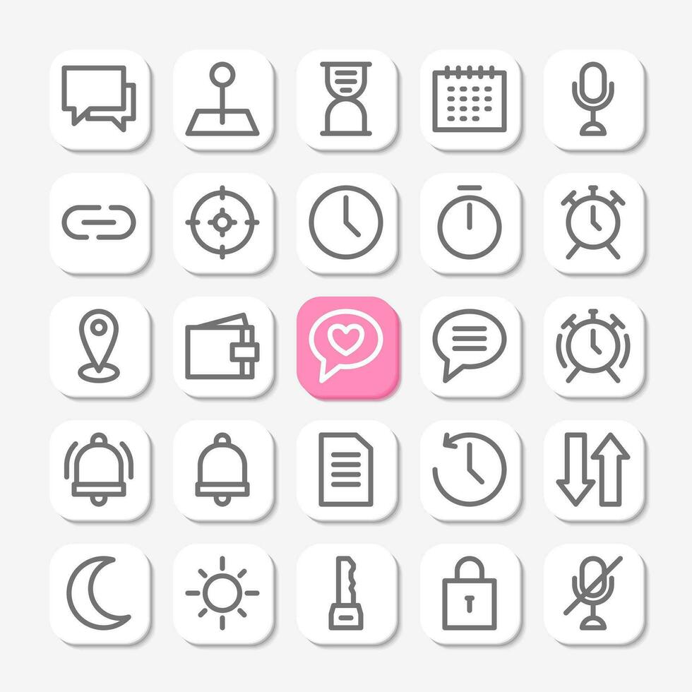 Essentials icons in line style for user interface, mobile and website design. Including time, notification, callendar, microphone, timer, alarm, and others. vector