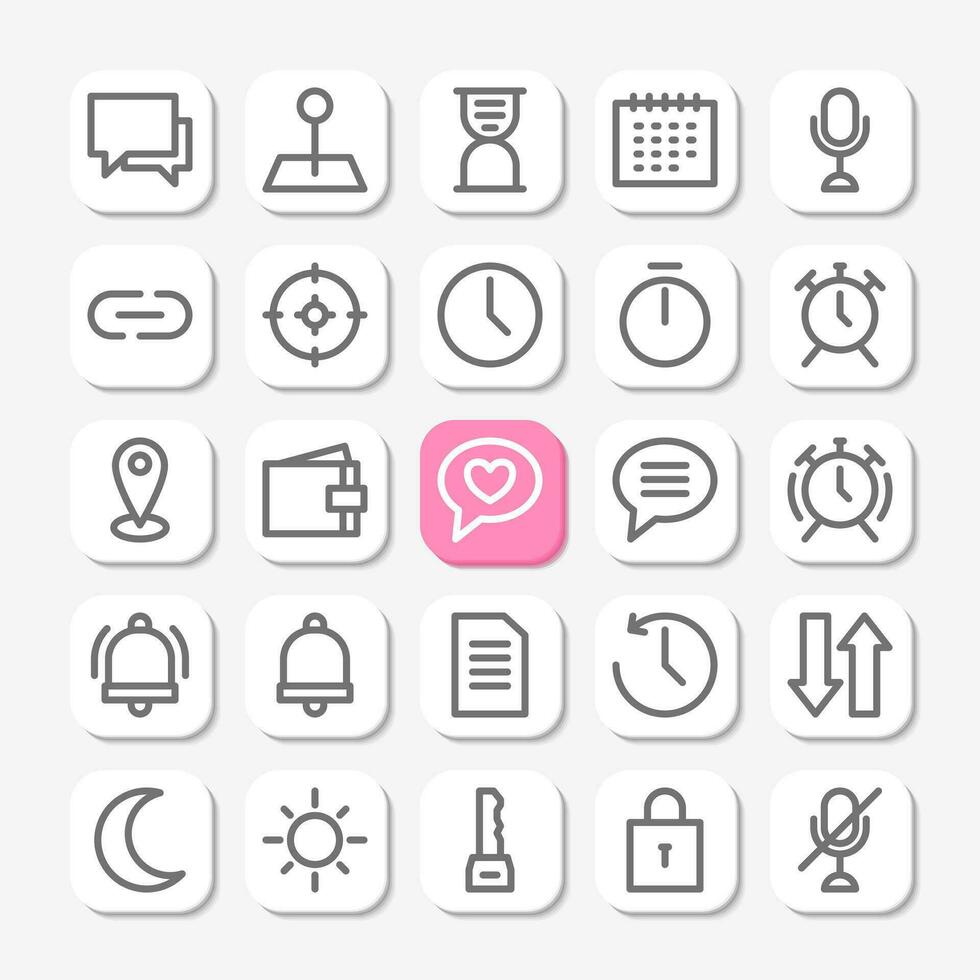 esenciales íconos en línea estilo para usuario interfaz, móvil y sitio web diseño. incluso tiempo, notificación, calendario, micrófono, Temporizador, alarma, y otros. vector