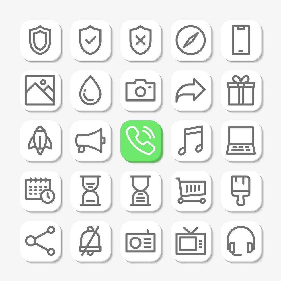 Essentials icons in line style for user interface, mobile and website design. Including call, marketing, shield, security, time, music, customer service, and others. vector