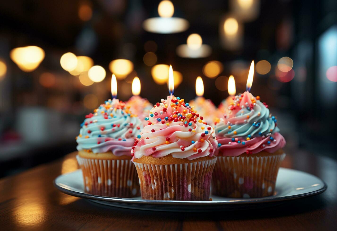 Ai generative birthday cupcakes with blur background colorful balloons realistic image, ultra hd, high design very photo