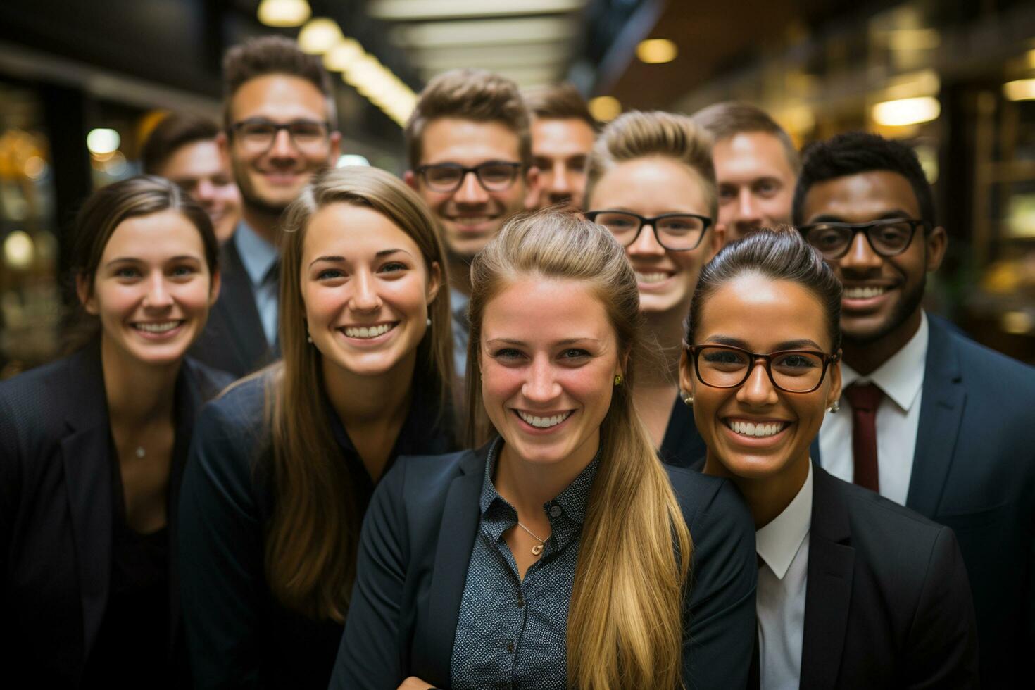 Ai Generative group of happy business man and business women, dressed in suits are smiling, in the office photo