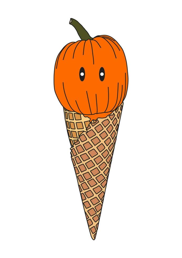 Pumpkin ice cream cartoon illustration. Jack o lantern ice cream icon. Halloween gelato drink design for kids vector