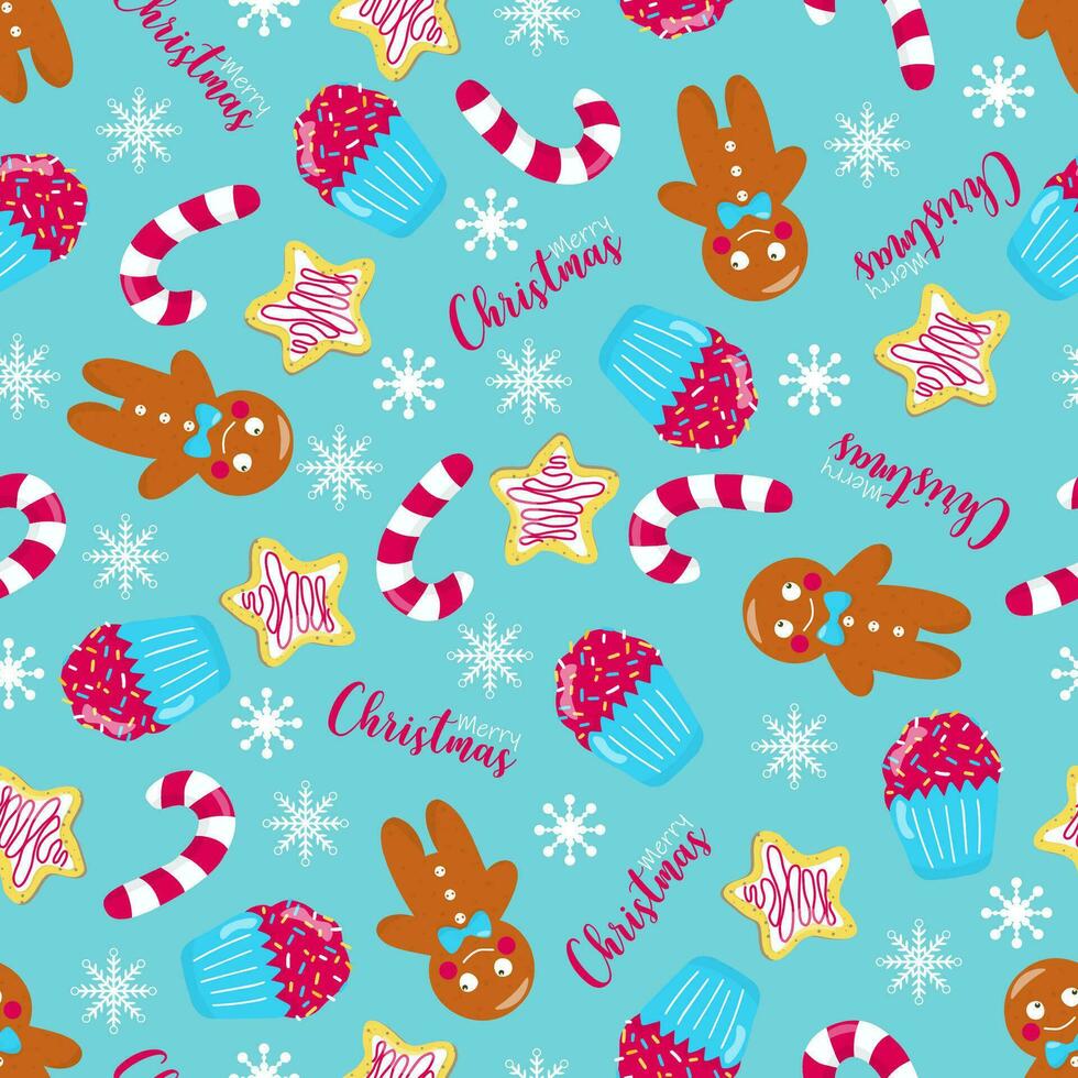 Seamless Christmas pattern with gingerbread, muffin, sugar cane, cookies and snowflakes. In cartoon style, on a blue background. Wrapping paper. vector