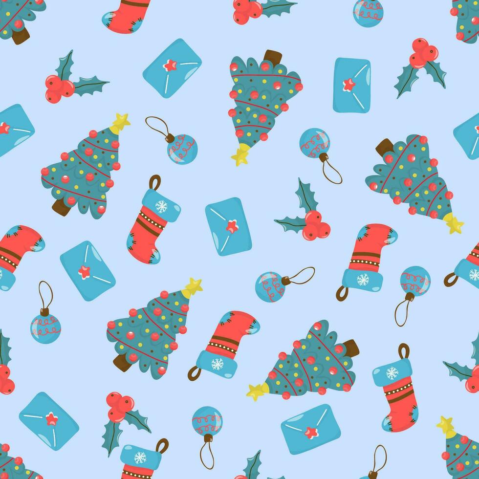 Seamless Christmas Pattern with holly, envelope, fir tree, Christmas stocking, Christmas ball. On a blue background, in a hand-drawn style. Cute Cartoon Illustration. vector