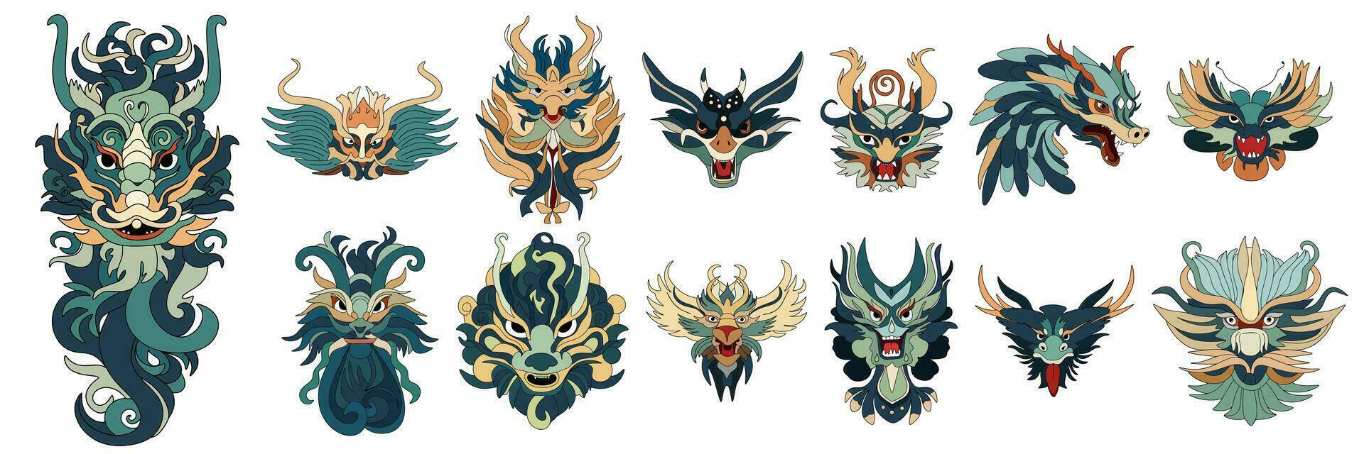 Big collection dragon's head colored outline. Hand drawn dragon's masks in doodle style isolated on white background.  Vector illustration.