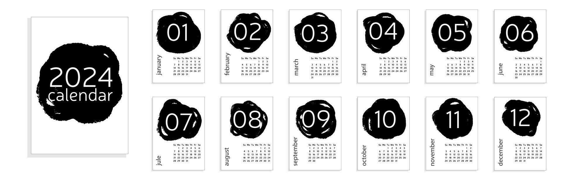 Calendar 2024 A4 with number months. Week stars on Sunday. Vector illustration.