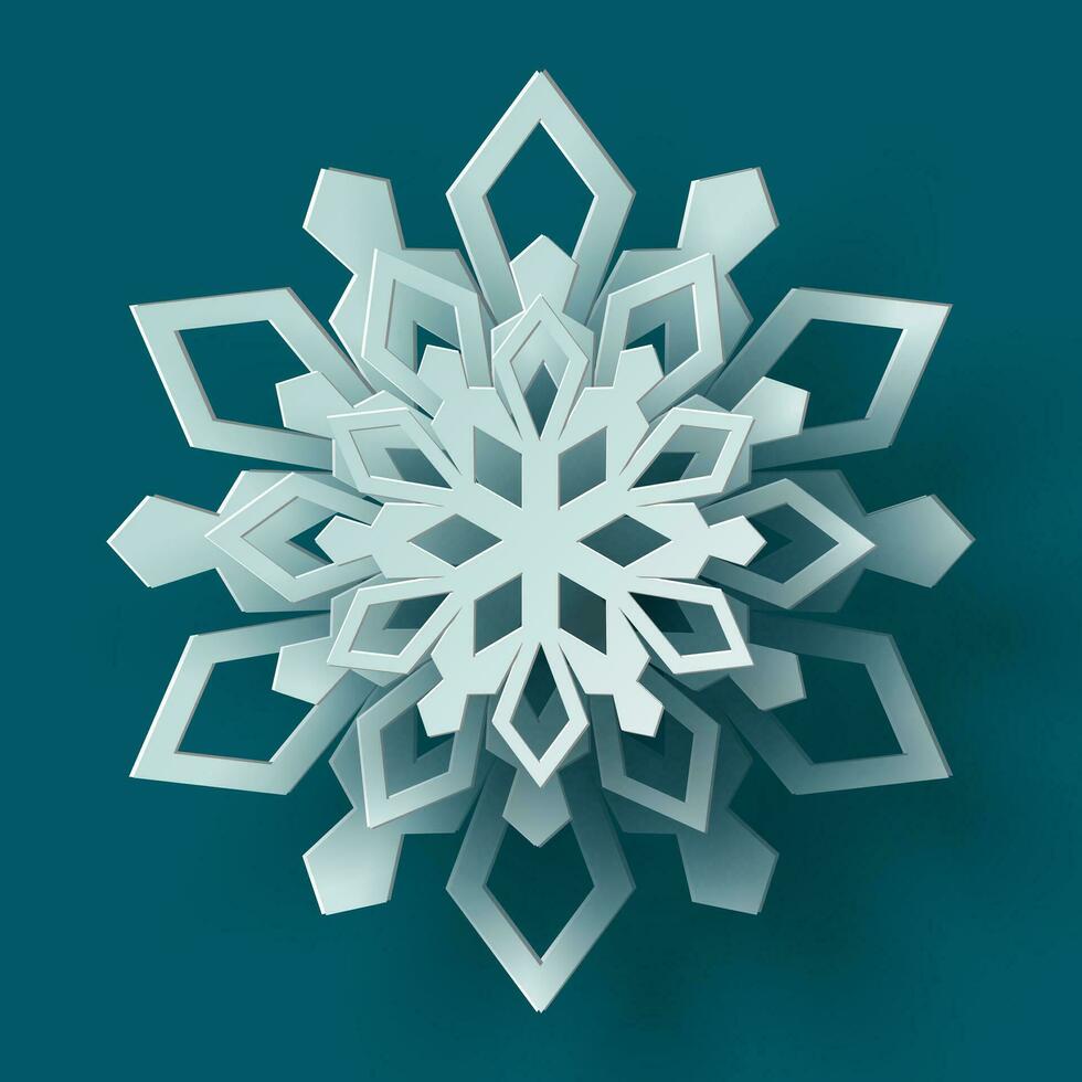 Vector white christmas paper cut 3d snowflake with shadow on teal colored background. Winter design elements for presentation, banner, cover, web, flyer, card, sale, poster, slide and social media