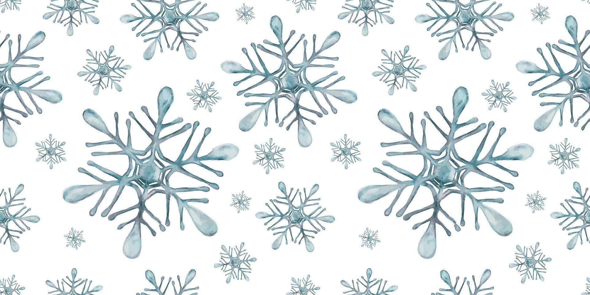 Watercolor hand drawn seamless pattern with blue, teal and rose colored snowflakes. Christmas New Year snow design for holiday greeting cards, print, textile, sale, web, design and wrapping paper. vector