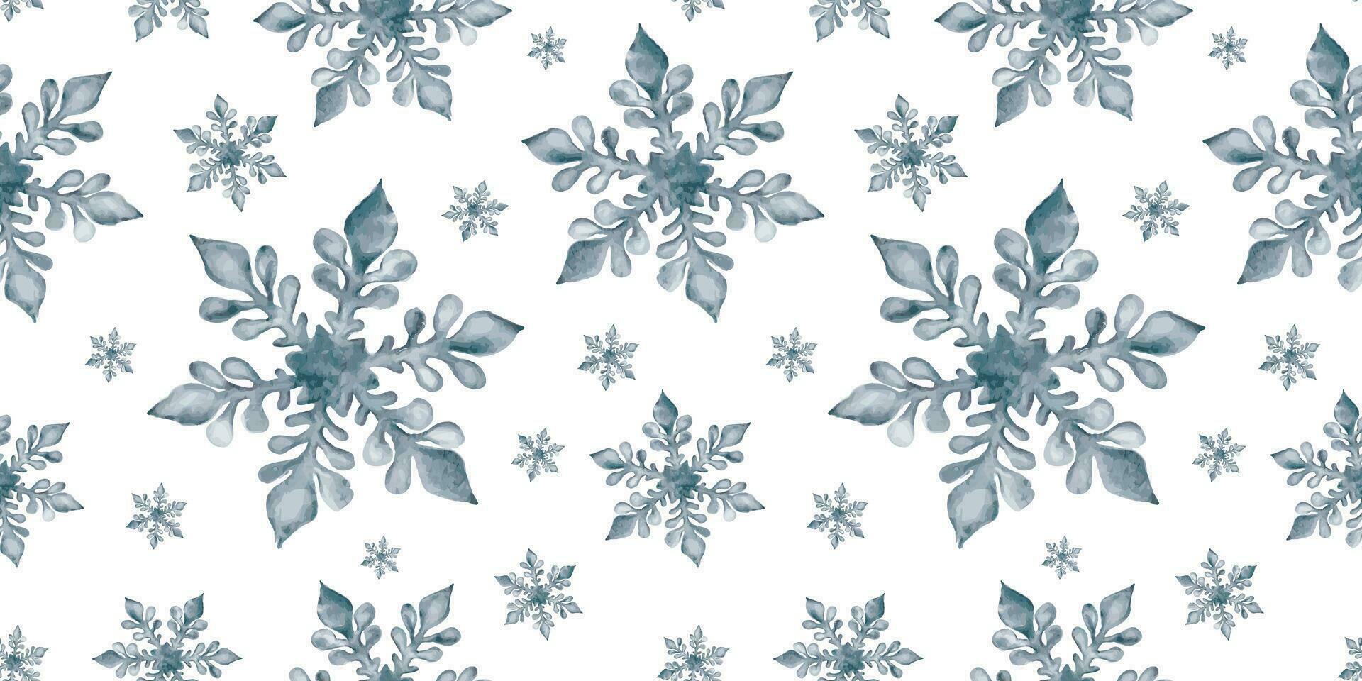 Watercolor hand drawn seamless pattern with blue, teal and rose colored snowflakes. Christmas New Year snow design for holiday greeting cards, print, textile, sale, web, design and wrapping paper. vector