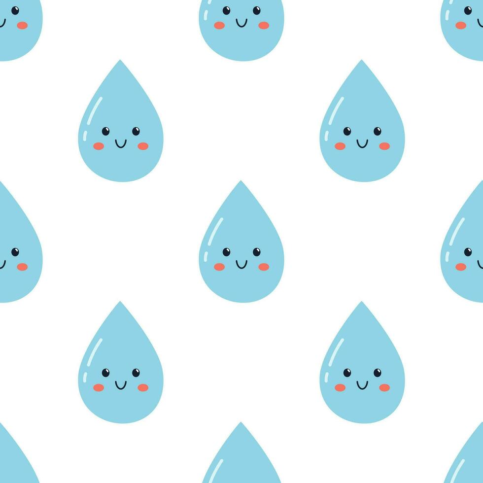 Vector water seamless pattern with cute water drops. Trendy print with waterdrop with face on white background. Wrapping pattern design. Drink more water.