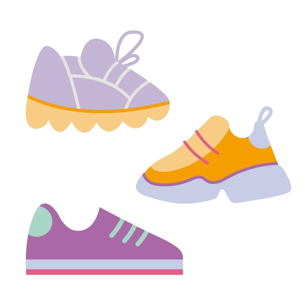 fornido único zapatillas colocar, varios corriendo zapatos, dibujos animados estilo. de moda moderno vector ilustración aislado en blanco fondo, mano dibujado, plano