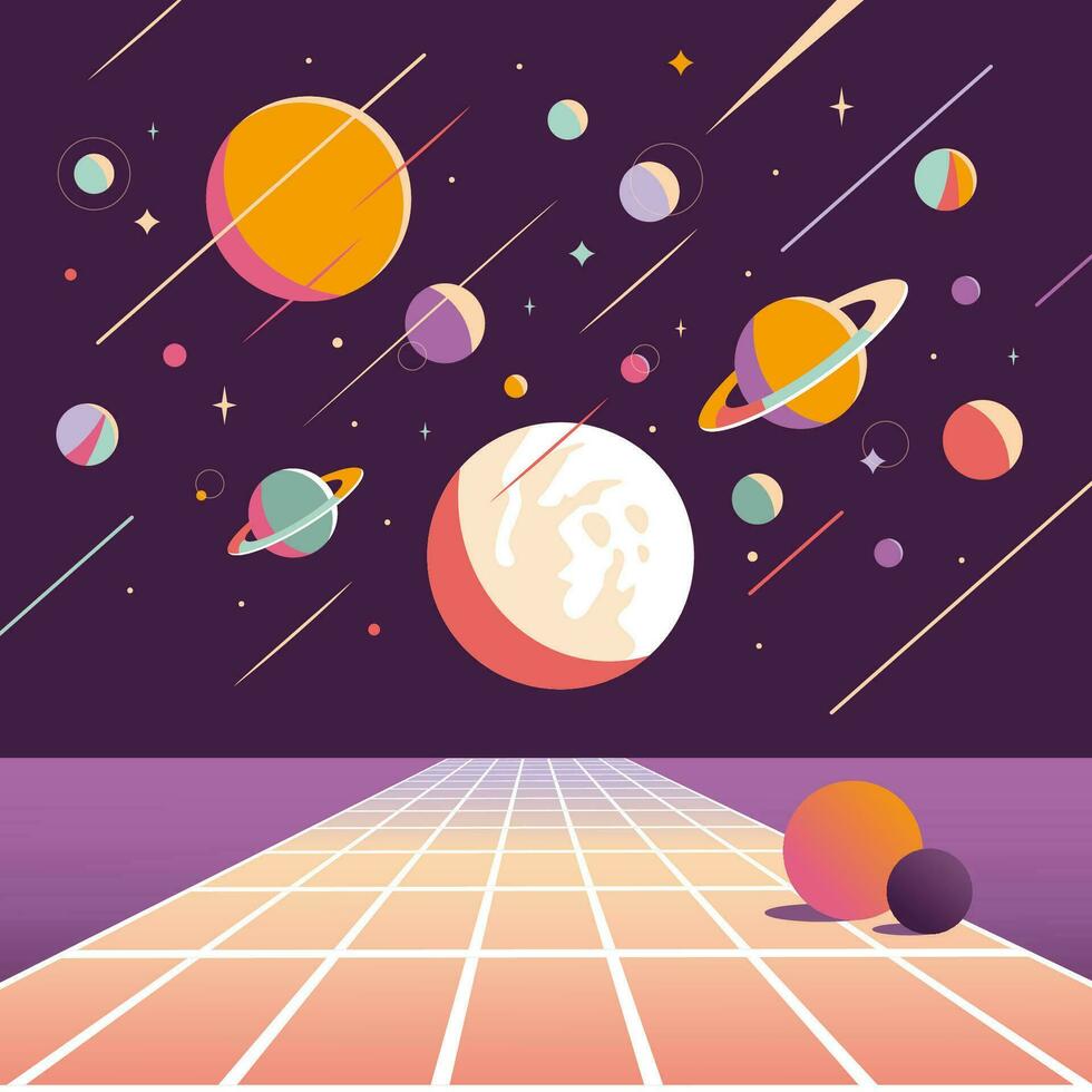 Virtual reality background, cartoon style. Concept of cyberspace and metaverse. Space, planets and stars, retro futurism. Trendy vector illustration, hand drawn, flat