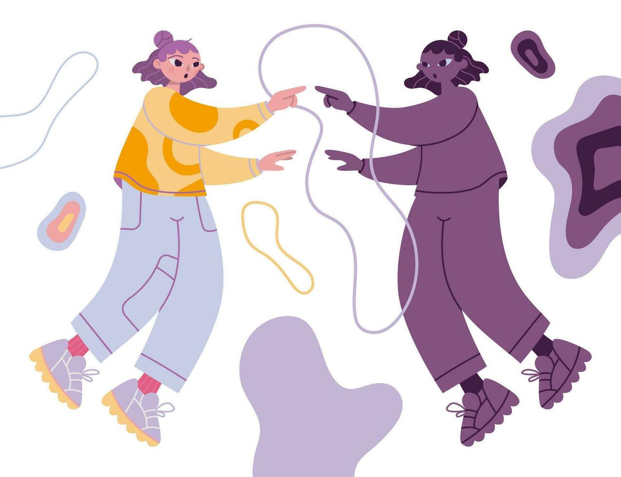 The girl meets her shadow side, recognition and integration of the rejected part of herself, psychology concept. Person discovering her unknown hidden dark part. Vector cartoon  illustration