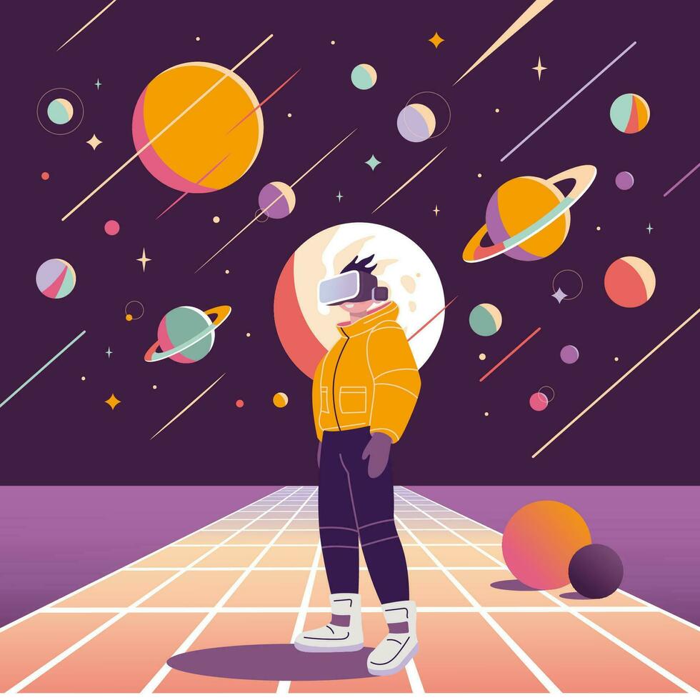 Concept of virtual reality tech, metaverse, cartoon style. Boy in VR glasses on Background with space, planets and stars, retro futurism. Trendy modern vector illustration, hand drawn, flat