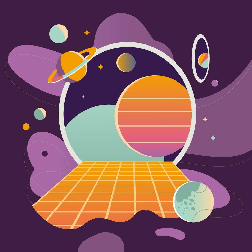 virtual realidad fondo, dibujos animados estilo. ciberespacio entrada concepto, metaverso. espacio, planetas y estrellas, retro futurismo de moda vector ilustración, mano dibujado, plano