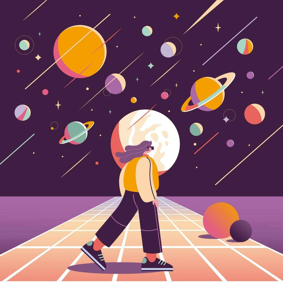 Concept of virtual reality technology, Future digital metaverse, cartoon style. Girl in VR glasses with space, planets and stars, retro futurism. Trendy vector illustration, flat