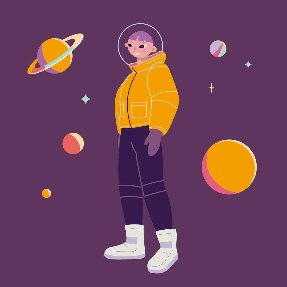 chico en espacio traje con planetas y estrellas, dibujos animados estilo. de moda moderno vector ilustración, mano dibujado, plano