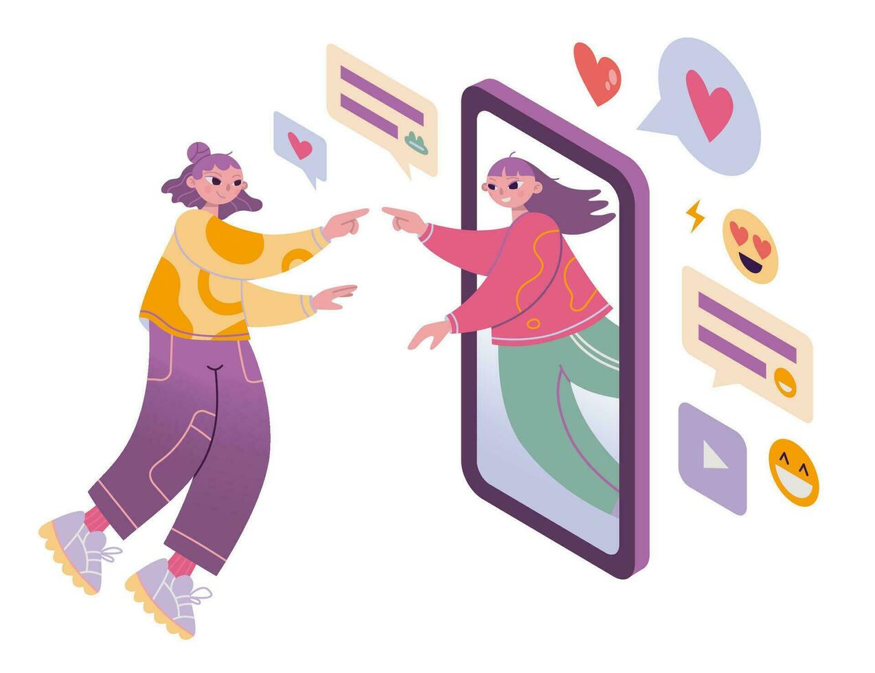 Girl communicates with her friend via smartphone, online contact, cartoon style. Concept of global internet connection, social networks and messengers. Trendy isolated vector illustration, flat