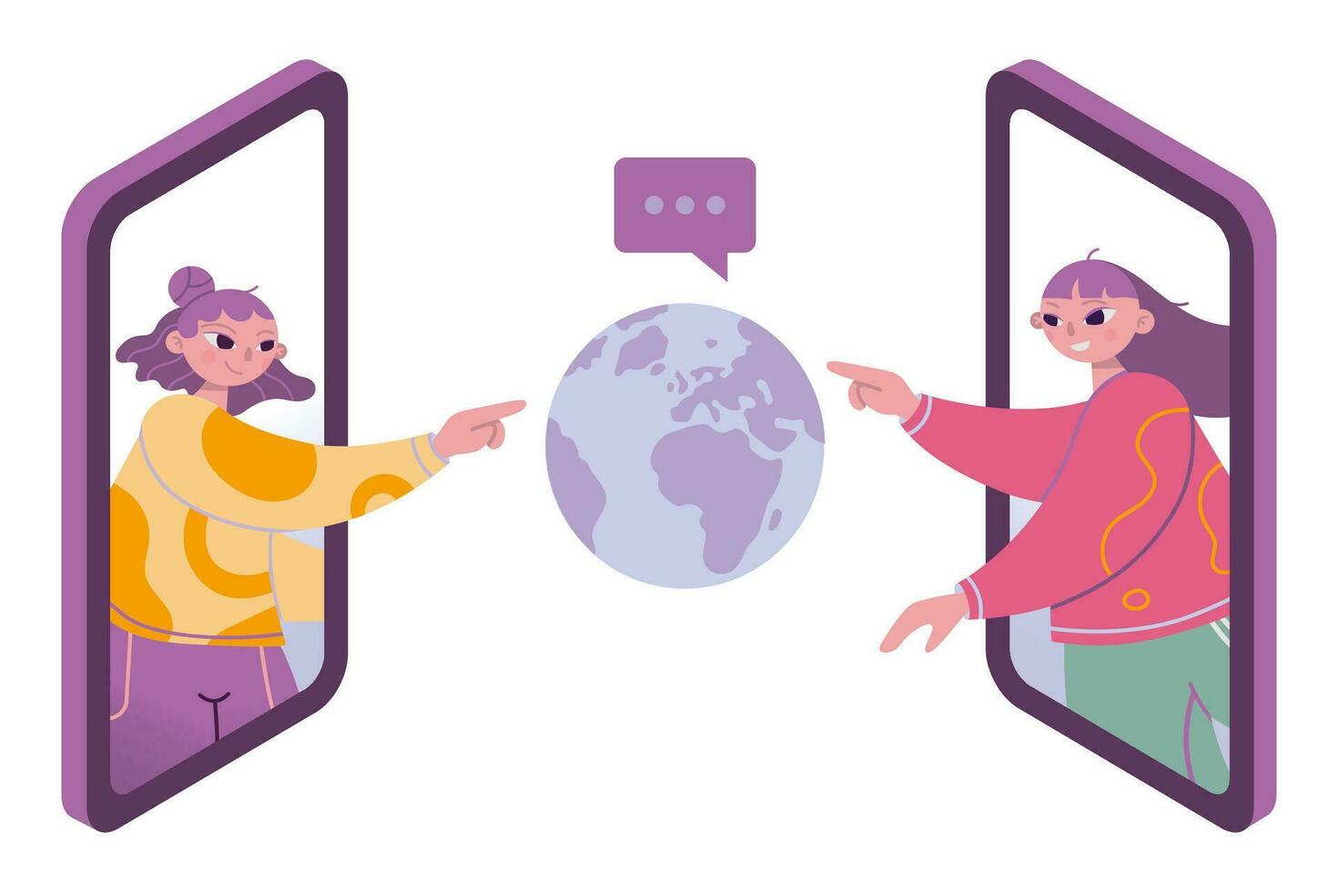 Two girls Girl touches the globe through a smartphones, cartoon style. Concept of global internet communication, connection with the whole world and travel. Vector isolated illustration, flat