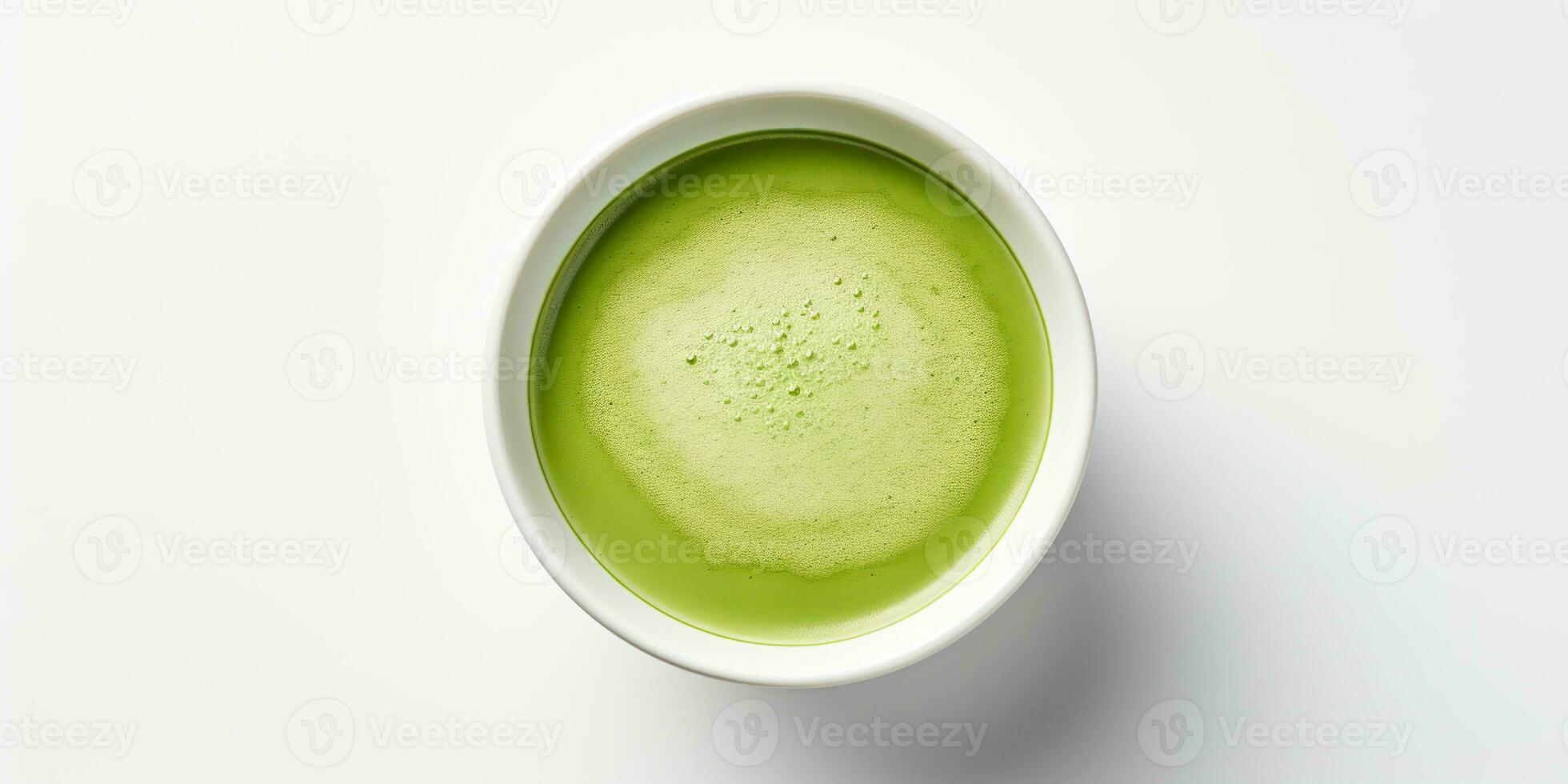 AI Generated. AI Generative. Asian japanese traditional hot matcha cup of green latte top view. Mock up background on table. Graphic Art photo