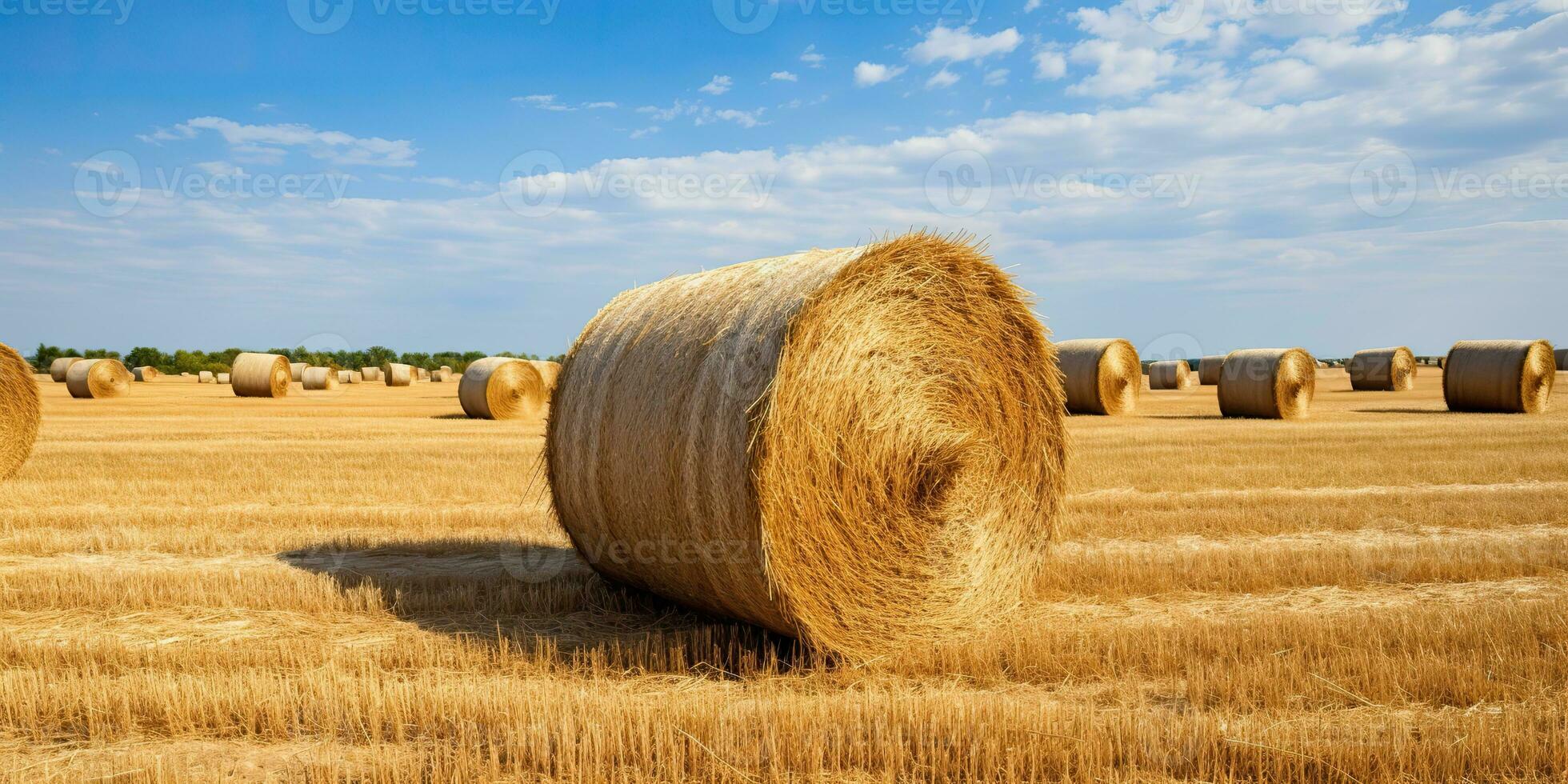 AI Generated. AI Generative. Autumn countryside harvest farming round bales stack. Outdoor nature landscape. Graphic Art photo