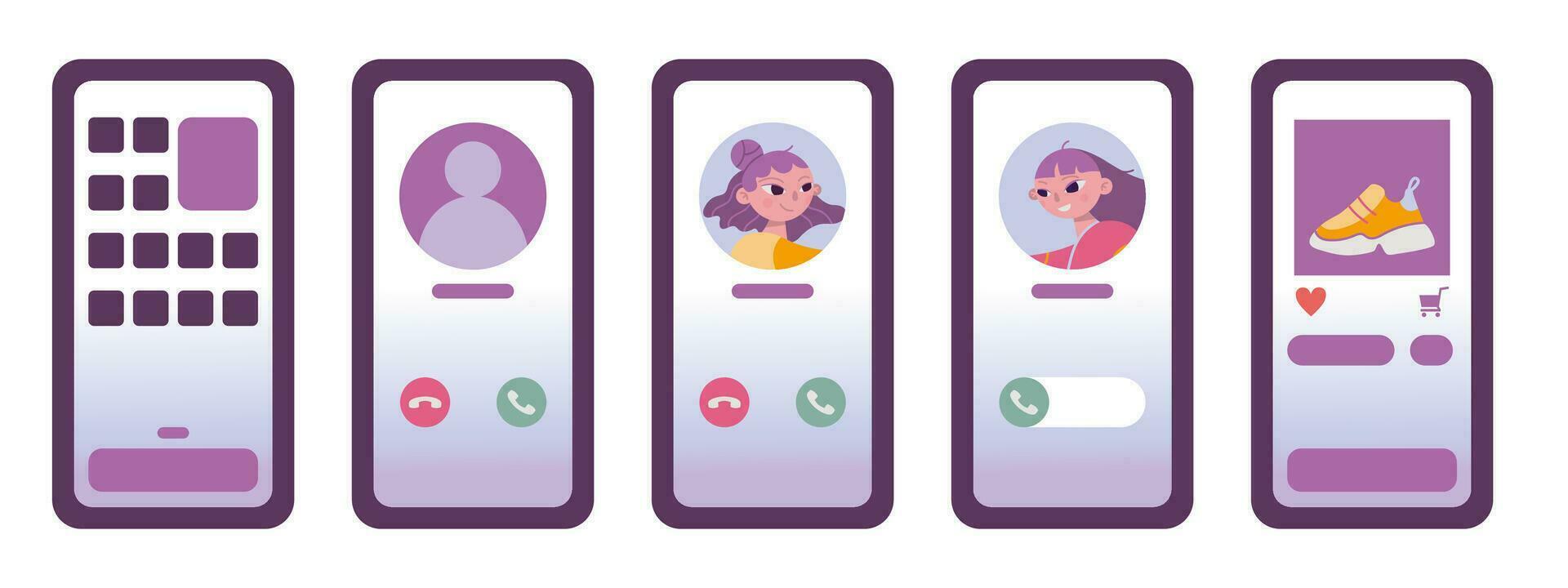 Set of cute smartphone screen interface, cartoon style. Incoming call, online store. Mobile phone display. Trendy modern vector illustration isolated on white background, hand drawn, flat