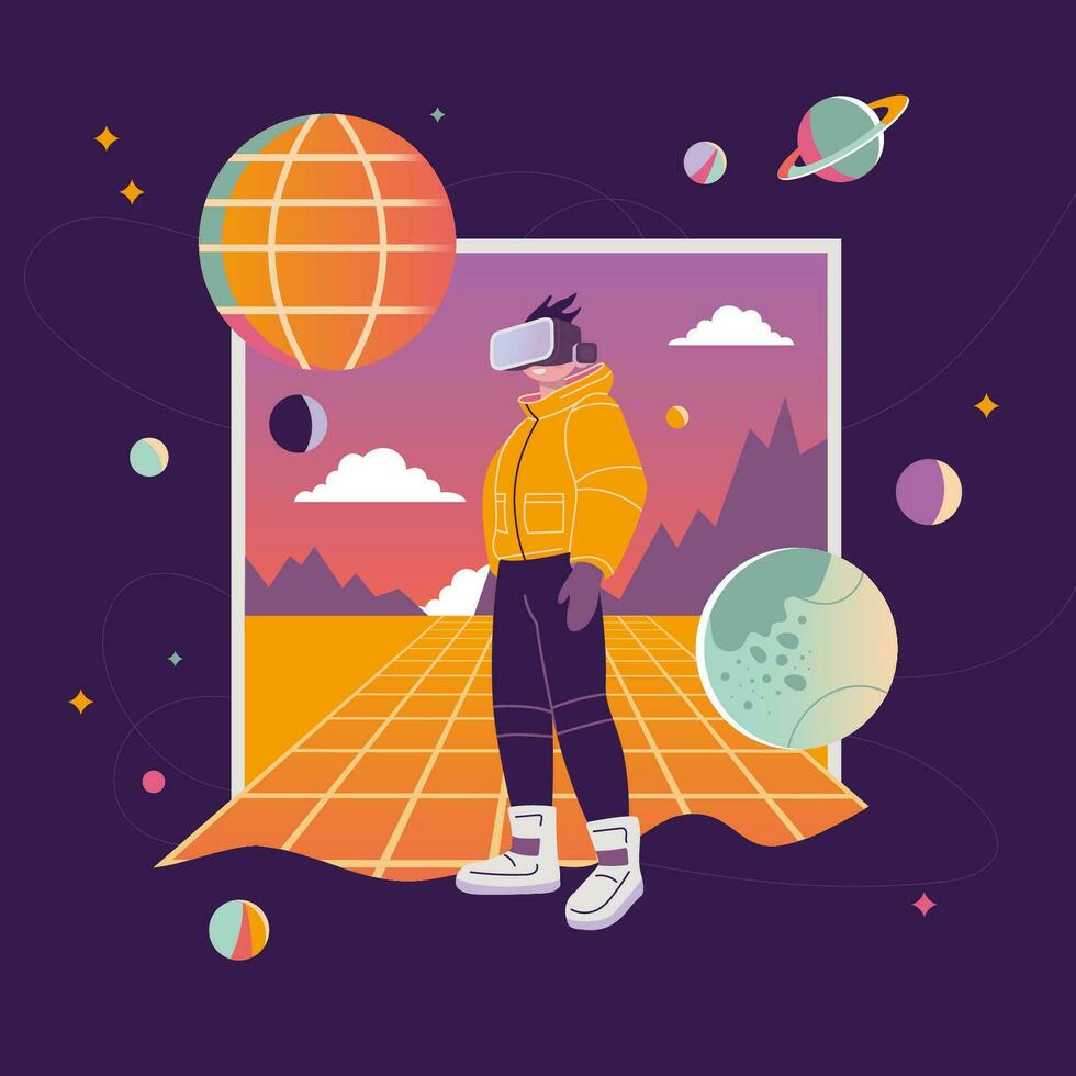 Concept of virtual reality tech, metaverse, cartoon style. Boy in VR glasses on Background with space, planets and stars, retro futurism. Trendy modern vector illustration, hand drawn, flat