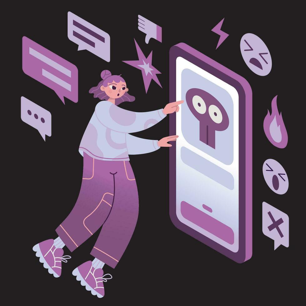 Girl reading bad news, negative information in internet, scrolling smartphone screen. Doomscrolling concept. Anxiety and stress from online surfing. Trendy modern vector illustration, flat