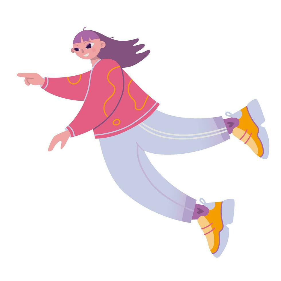 Happy girl flying, floating in air, levitates in space, reaches out with a hand to touch something. Stylish character, cartoon style. Trendy vector illustration isolated on white, hand drawn, flat