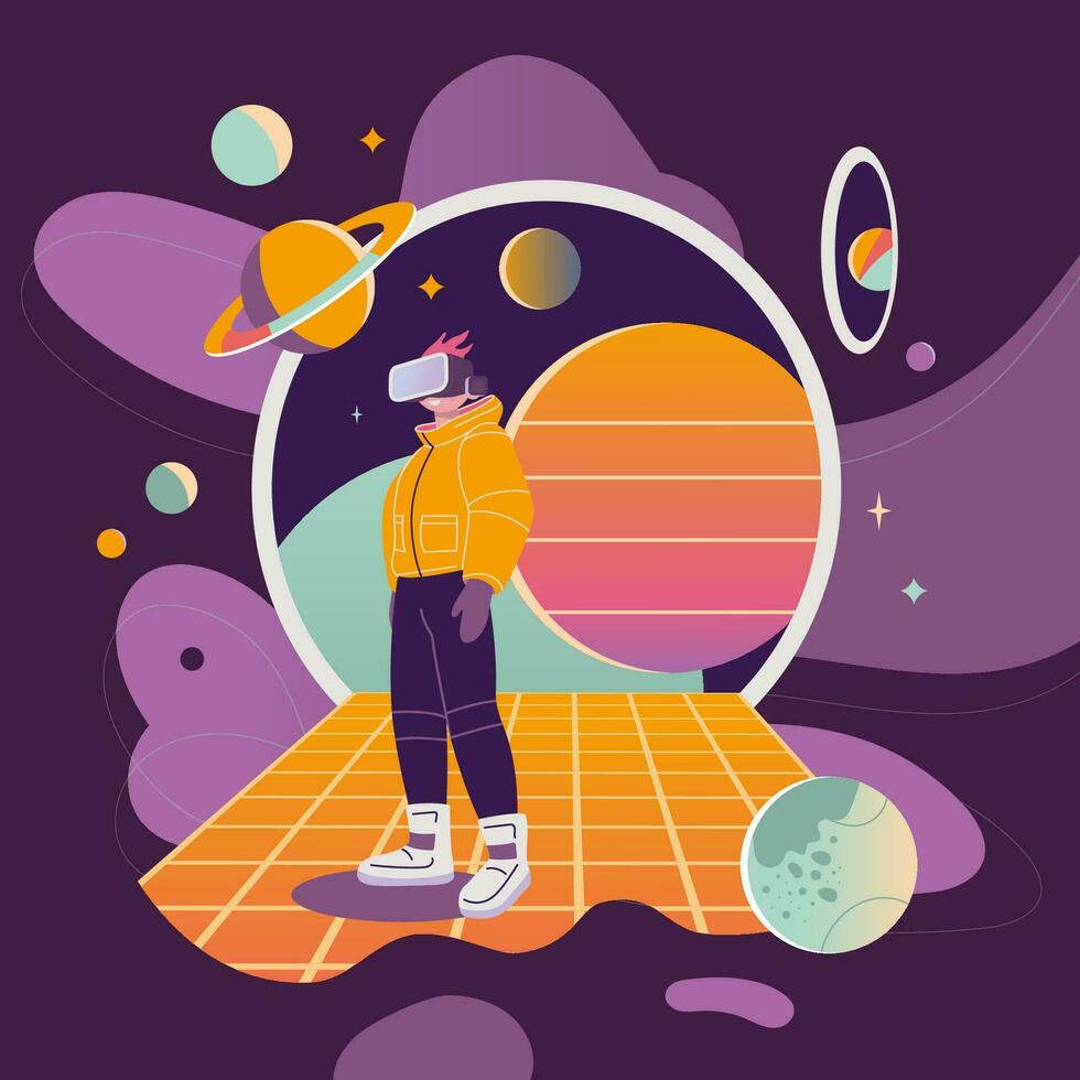 Concept of virtual reality tech, metaverse, cartoon style. Boy in VR glasses on Background with space, planets and stars, retro futurism. Trendy modern vector illustration, hand drawn, flat