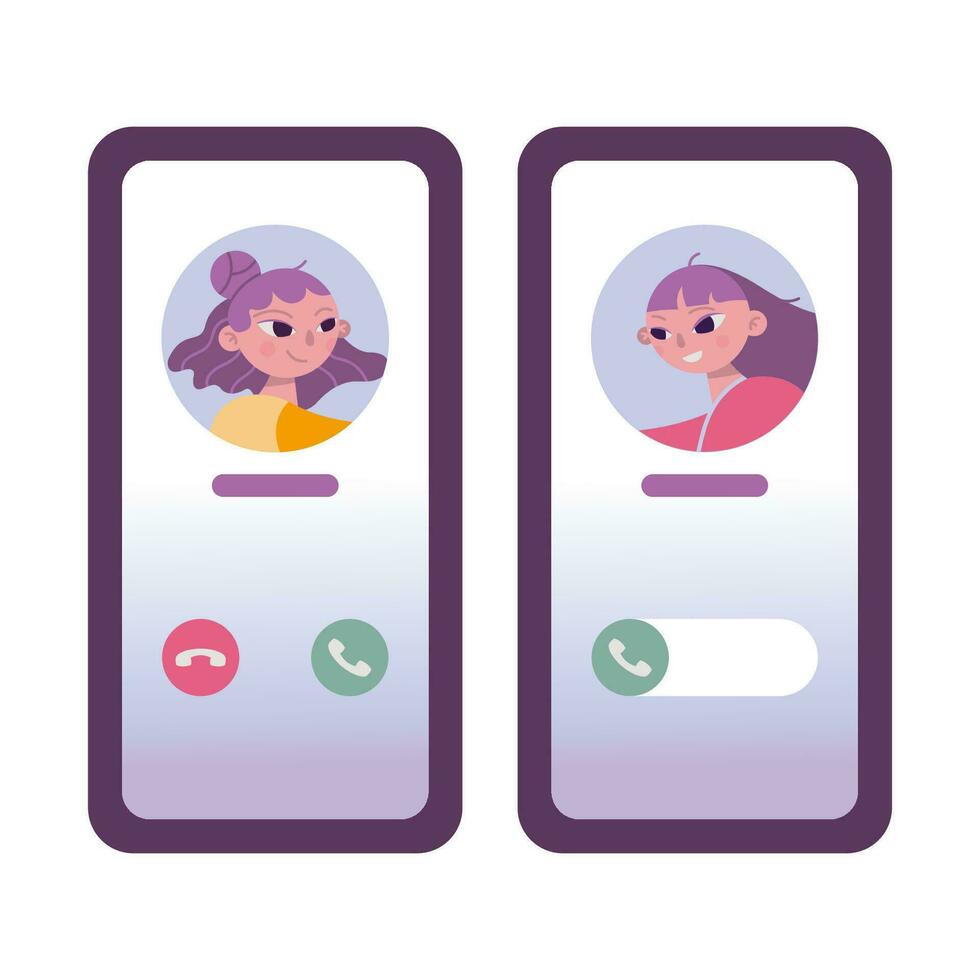 Call Screen Concept, cartoon style. Incoming Call Screen Template,  smartphone interface with cute girls avatars. Trendy modern vector illustration isolated on white background, hand drawn, flat