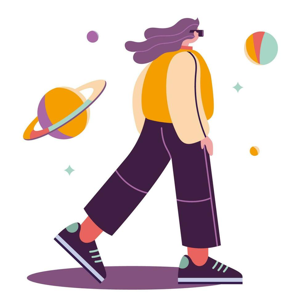 niña en vr lentes con planetas, dibujos animados estilo. concepto de virtual realidad tecnología, metaverso. de moda moderno vector ilustración aislado en blanco fondo, mano dibujado, plano