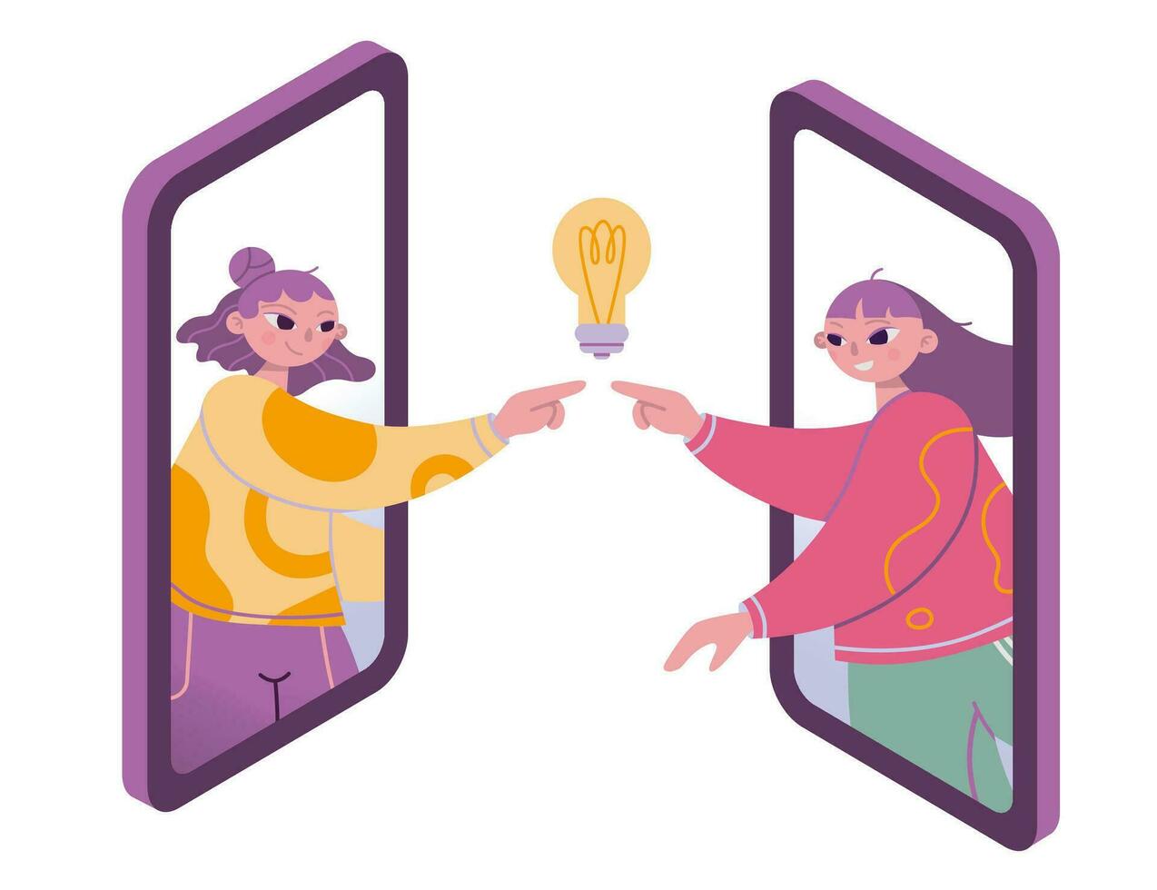 Two girls communicate with each other through smartphones, online contact, cartoon style. Concept of global internet connection, new idea and inspiration. Vector  isolated illustration, flat