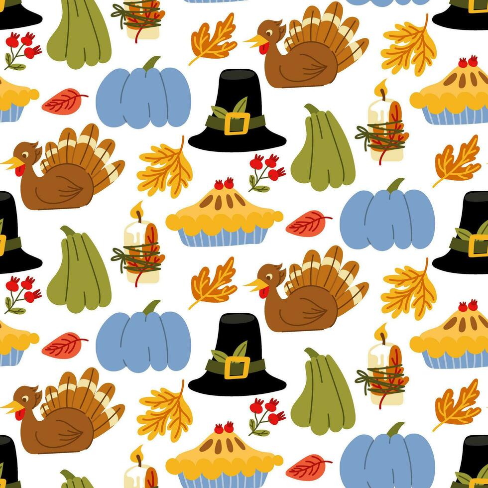 Seamless Happy Thanksgiving pattern with festive elements in a flat style. Hand-drawn background with turkey, pumpkin, pie, hat, candle, leaves. Vector illustration for design fabric or wrapping paper