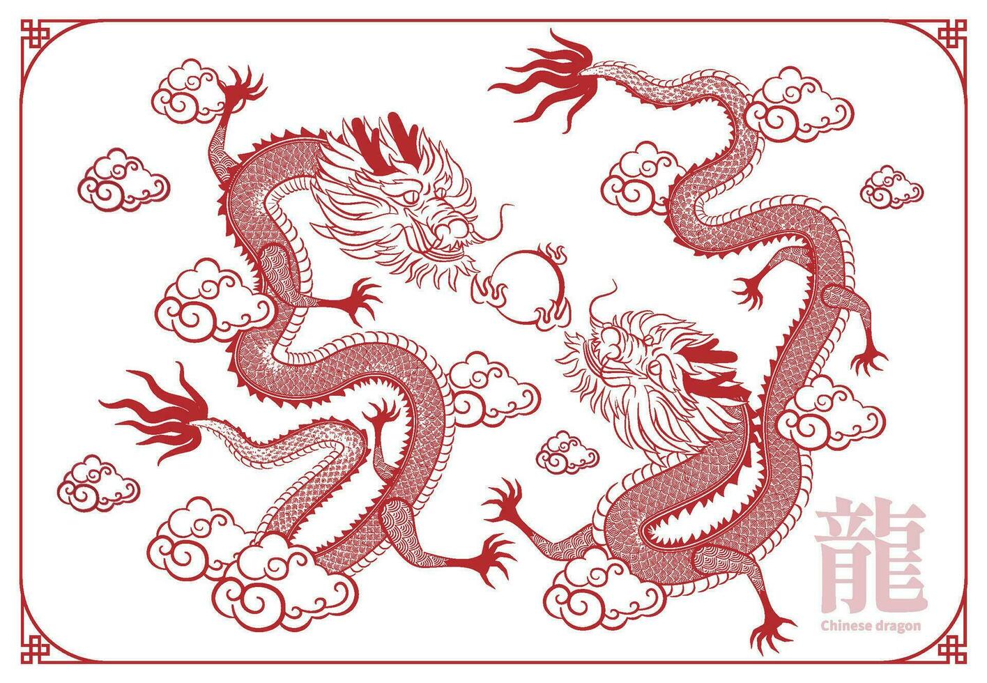 A set of line drawings of Chinese dragons, Year of the Dragon, traditional patterns, paper cuts, Chinese character for dragon vector