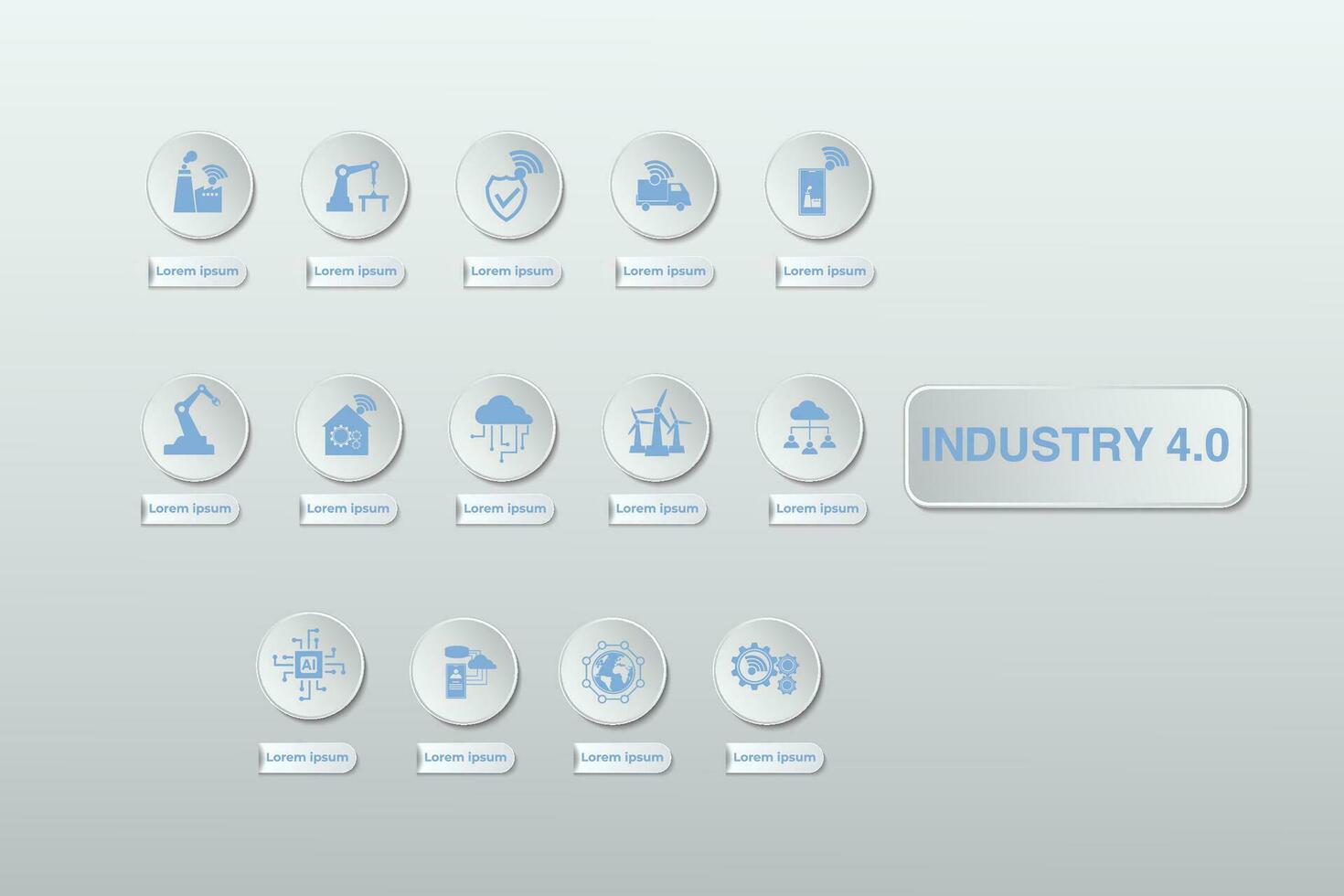 Industrial 4.0 process system on industrial factory and connection with automation, robot, data management. Industry 4.0 and smart productions icon set vector