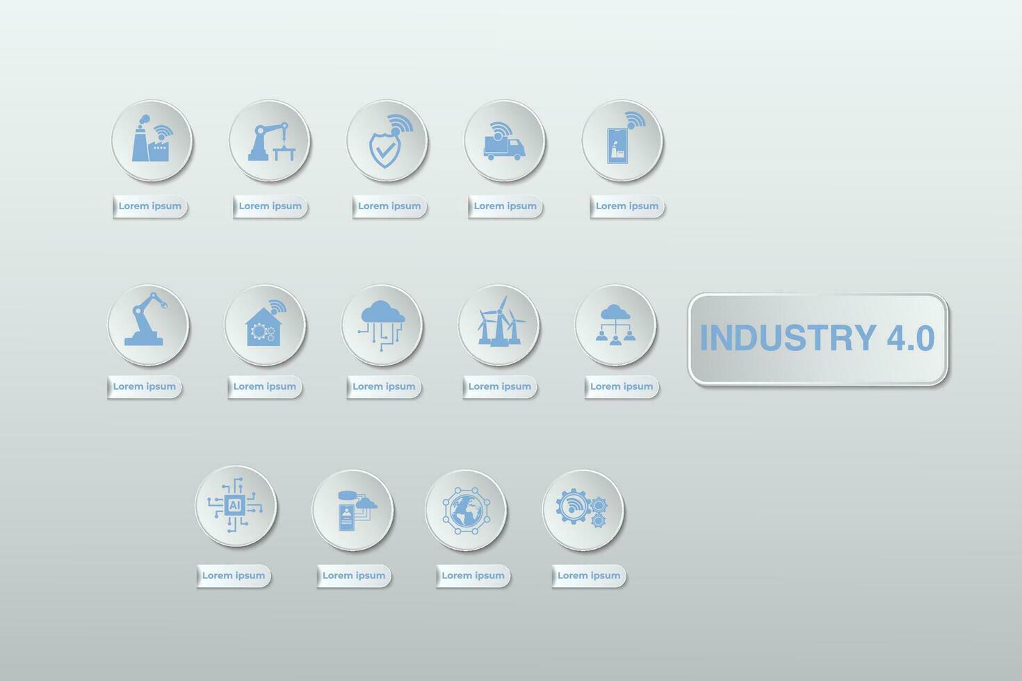 industrial 4.0 proceso sistema en industrial fábrica y conexión con automatización, robot, datos gestión. industria 4.0 y inteligente producciones icono conjunto vector