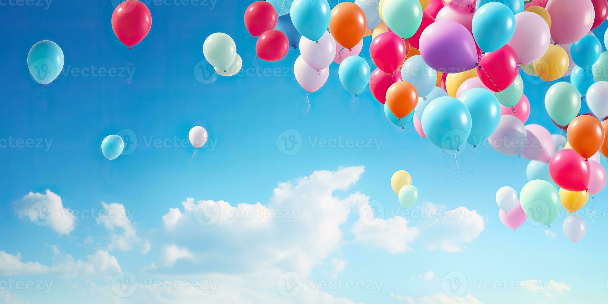 AI Generated. AI Generative. Many helium balloons balls in the blue sky flying background. Graphic Art photo