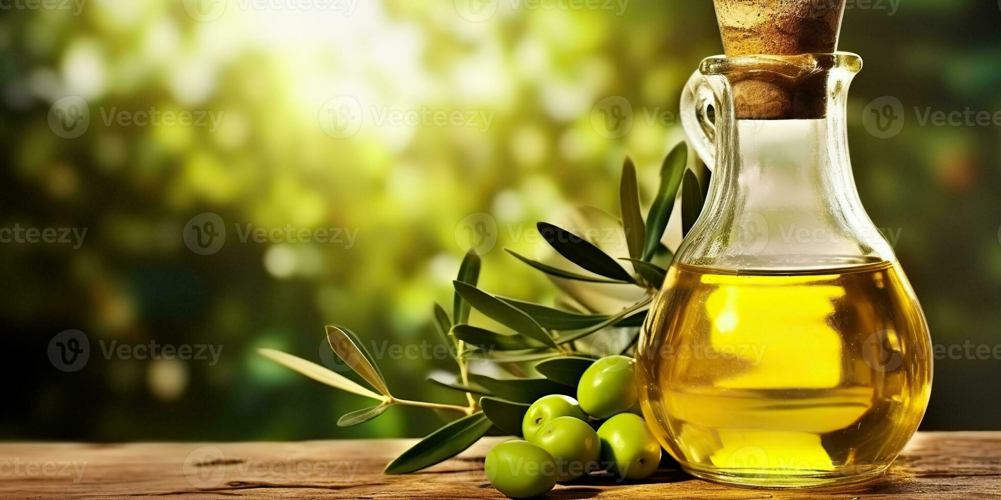 AI Generated. AI Generative. Olive oil on wooden background table nature outdoor mock up decoration. Graphic Art photo