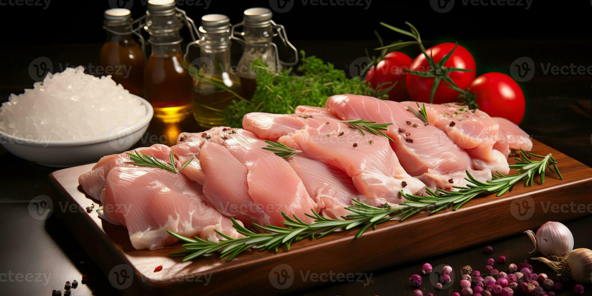AI Generated. AI Generative. Raw chicken bird fillet meat on table cooking meal. Graphic Art photo