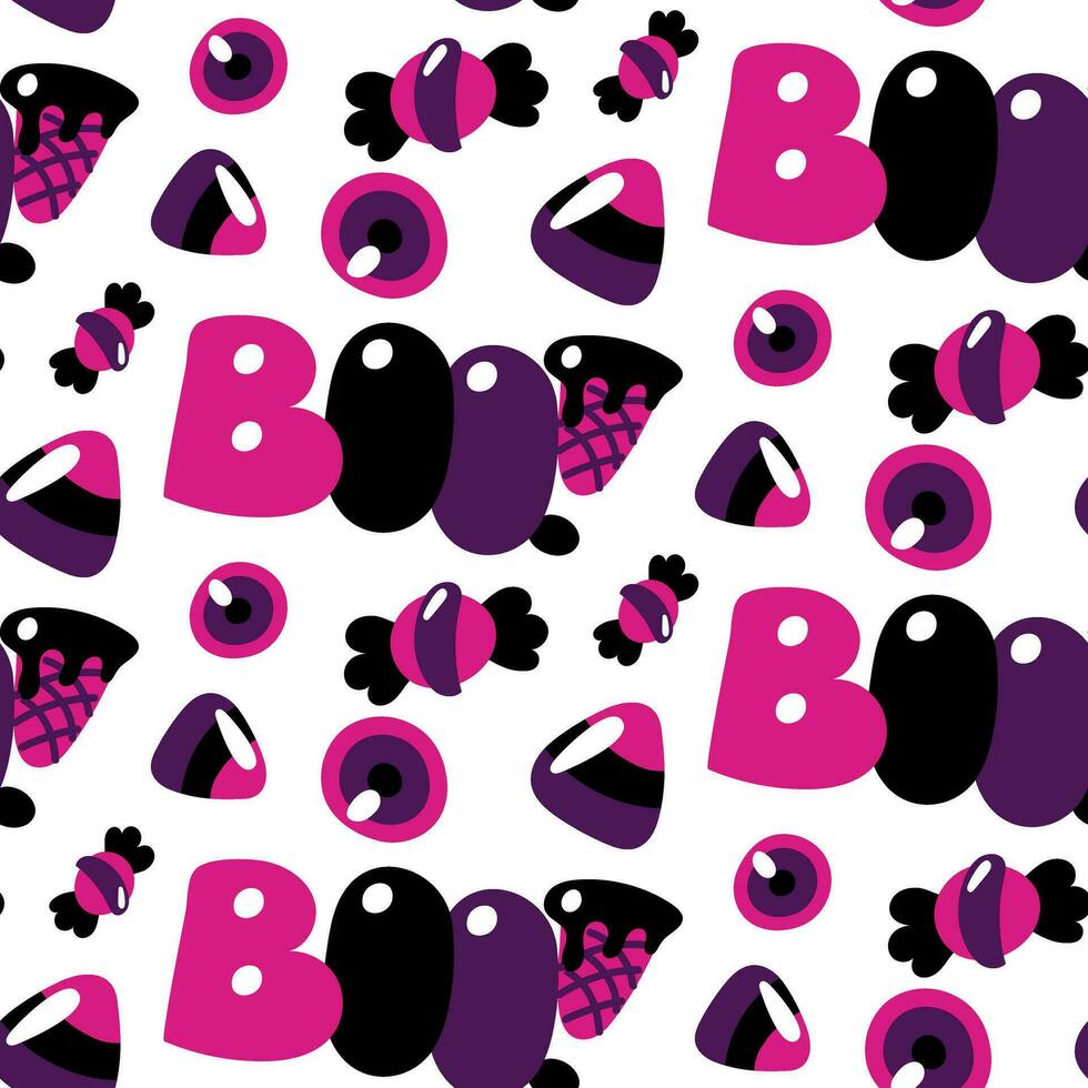Seamless pattern of purple and black colors for Halloween. The inscription Boo with sweets on a white background vector illustration in cartoon style. Gift packaging, printing for a party