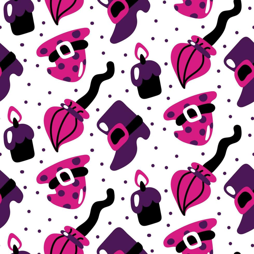 Seamless pattern of purple and black colors for Halloween. Witch, hat, shoe, broom, candle, confetti on a white background vector illustration in cartoon style. Gift packaging, printing for a party