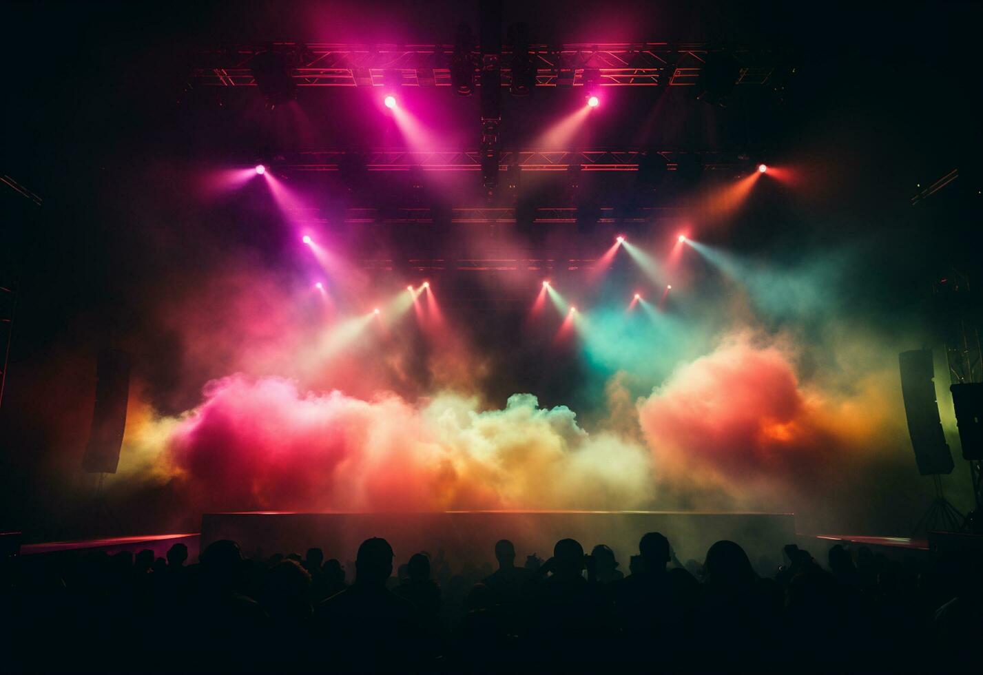 Ai generative Concert Stage Scenery With Spotlights Colored Lights Smoke photo