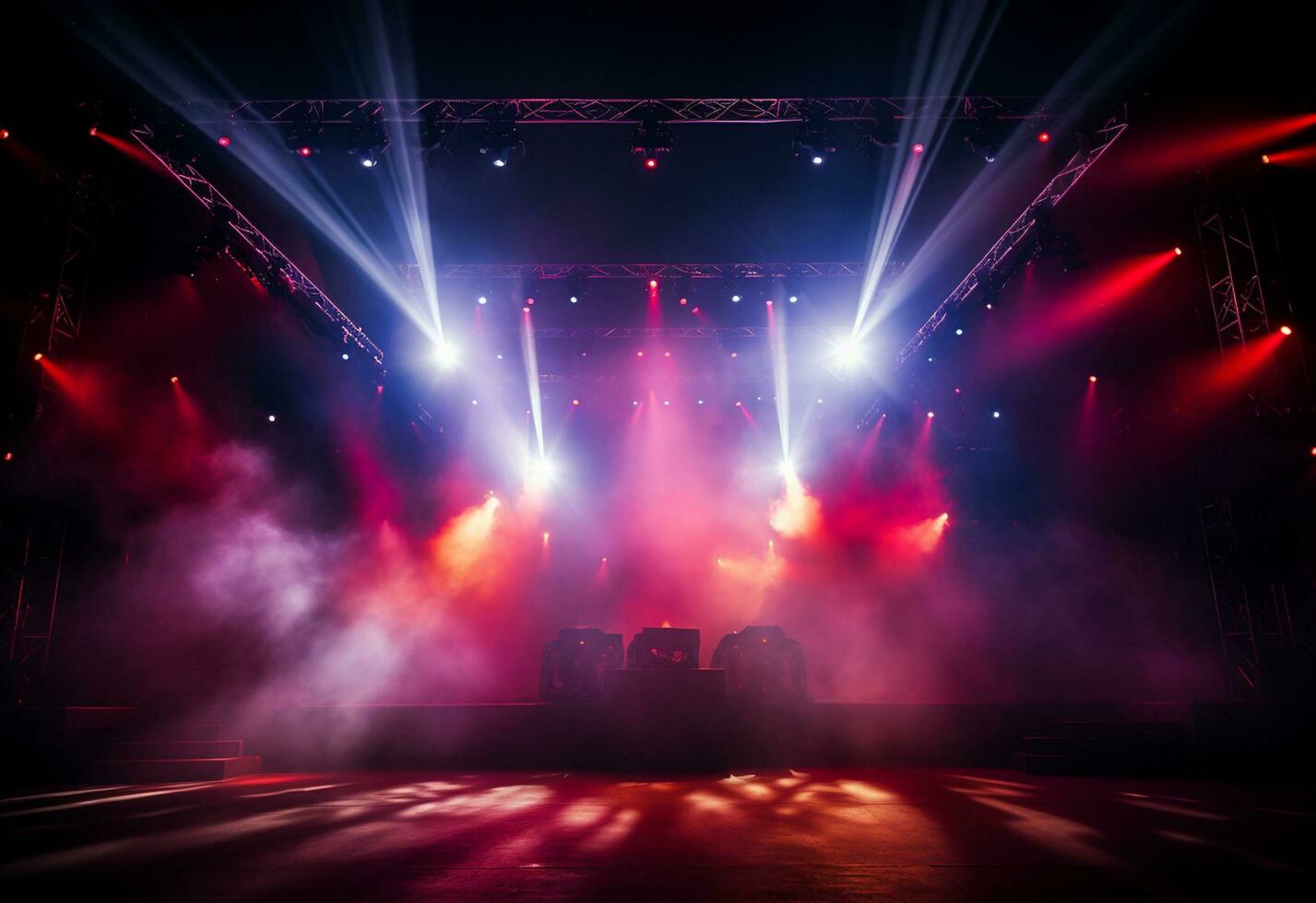 Ai generative Concert Stage Scenery With Spotlights Colored Lights Smoke photo