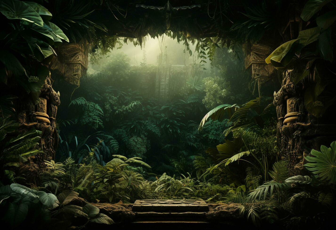 Ai Generative Beautiful jungle background with border made of tropical leaves backdrop with copy space photo