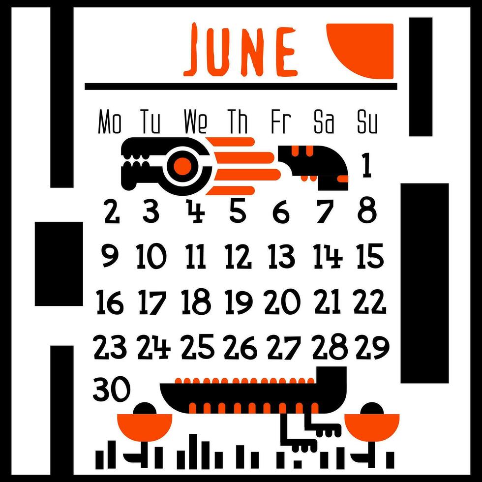 A calendar page for June 2024 with a cute geometric dragon. Isolated on a white background. The symbol of the year of the dragon. Dragon is sunbathing in the meadow. Vector illustration. Black Orange