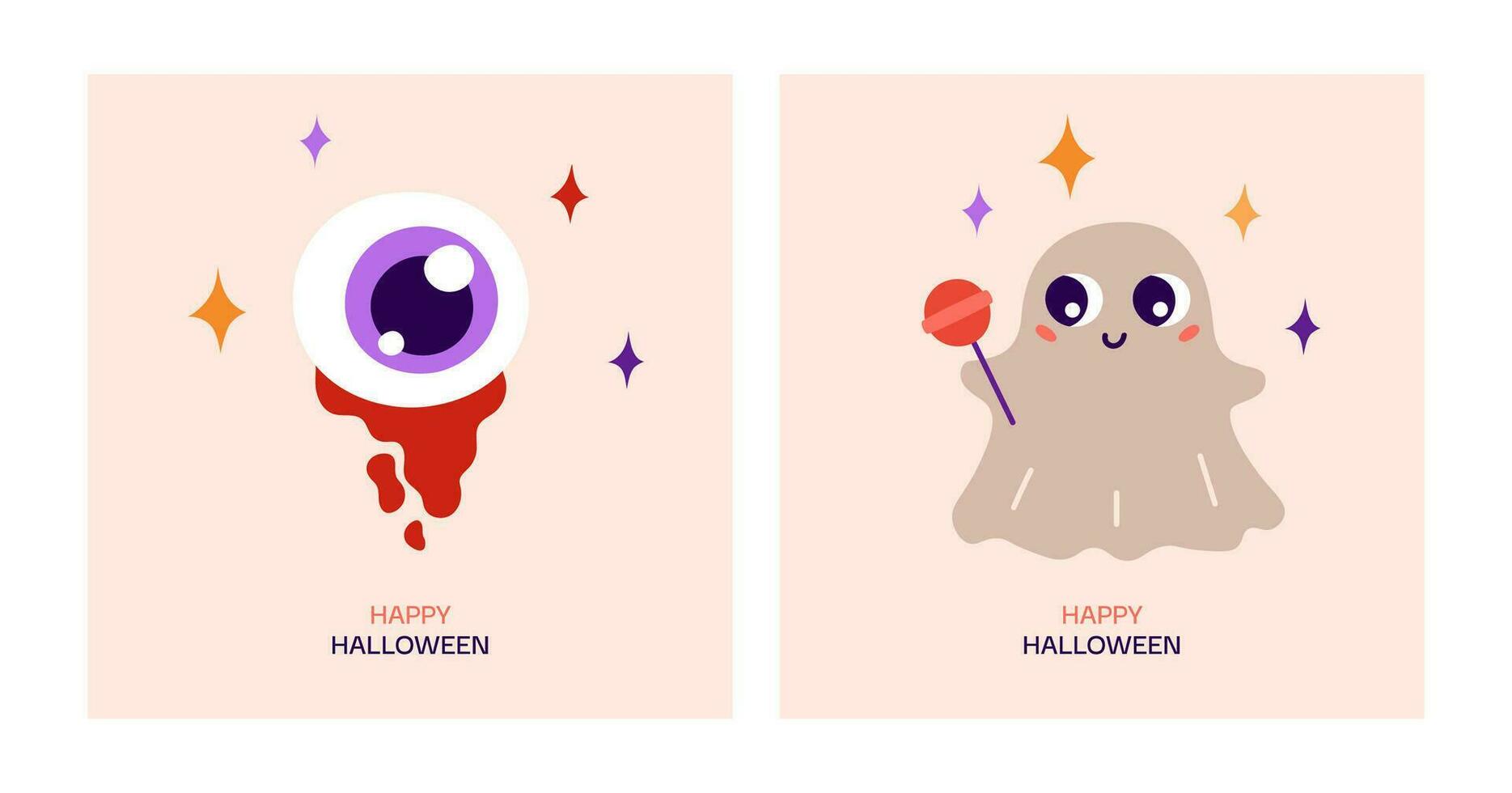 Happy Halloween greeting card. Cartoon vector illustration with cute magic ghost with candy, eye with blood and stars.