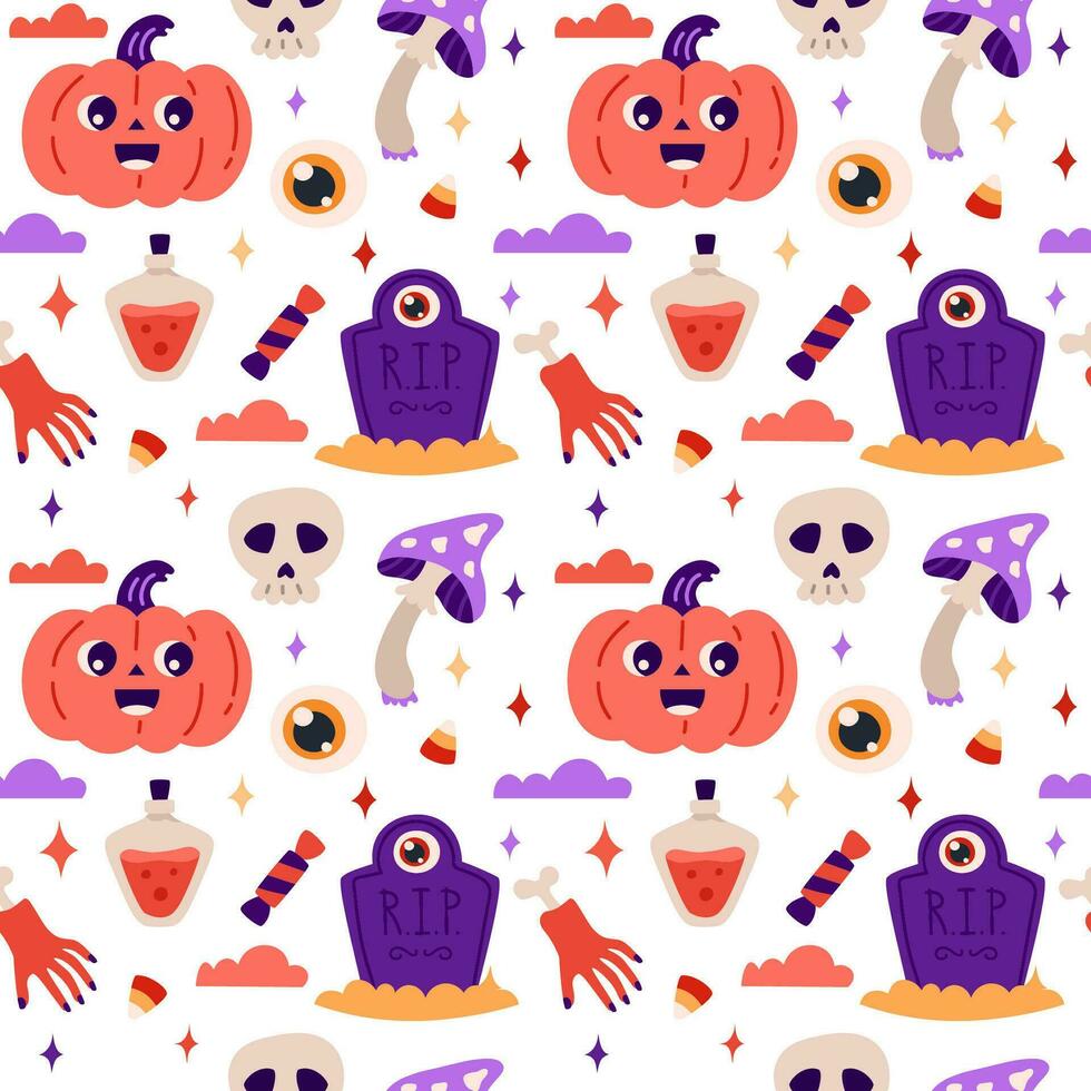 Happy Halloween. Seamless pattern. Cute vector illustration with pumpkin, hand with bone,  candy, potion, skull, headstone, mushroom.